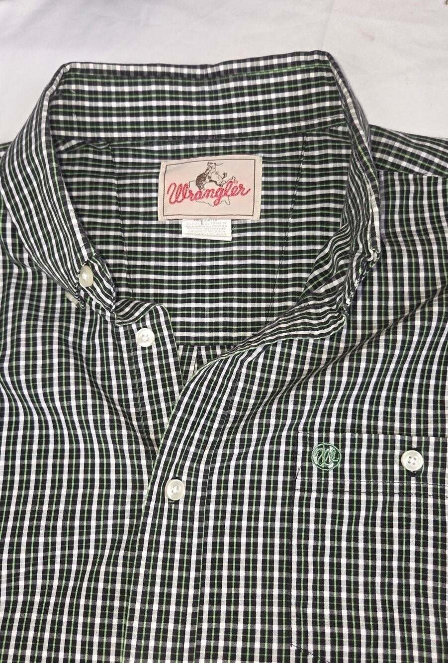 Wrangler Long Sleeve Button Down Shirt Size XXL Black Green Gingham Plaid
